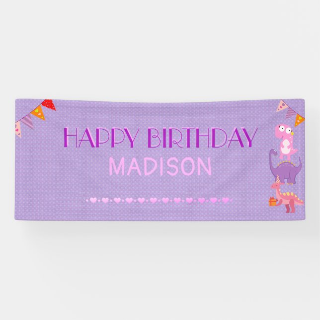 Personalized Girls Dinosaur Birthday Banner (Horizontal)