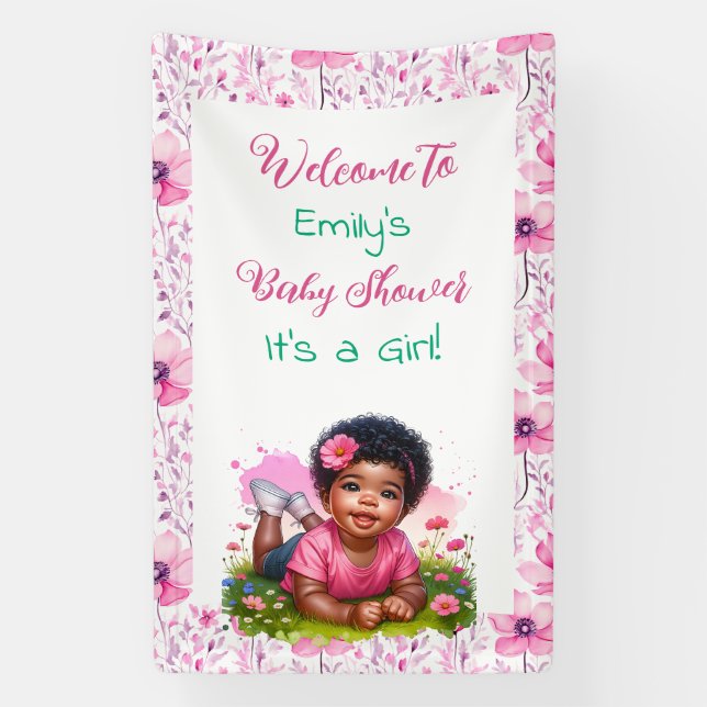 Personalized Girl's Floral Baby Shower Welcome Banner (Vertical)