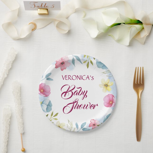 Personalized Girls Floral Watercolor Baby Shower Paper Plate (Wedding)