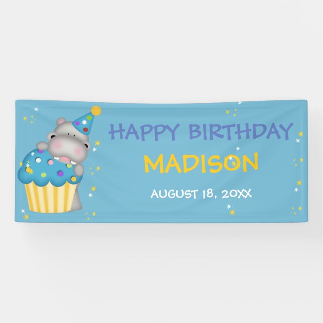 Personalized Girls Hippo Birthday Banner (Horizontal)