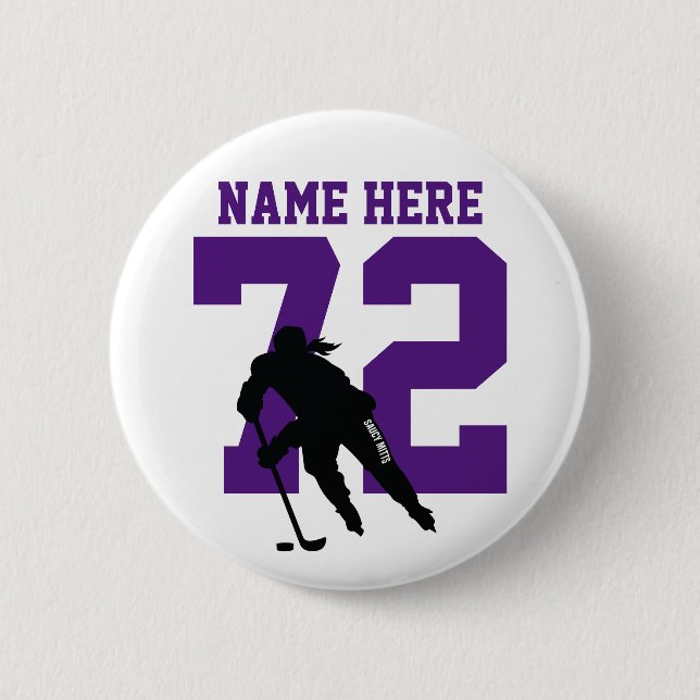 Personalized Girls Hockey Name Number Purple 2 Inch Round Button (Front)