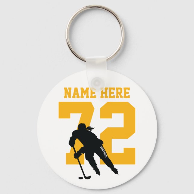 Personalized Girls Hockey Player Name Number Gold Keychain (Front)