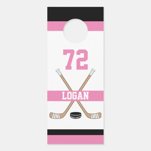 Personalized Girls Hockey Player Name Number Pink Door Hanger (Front)