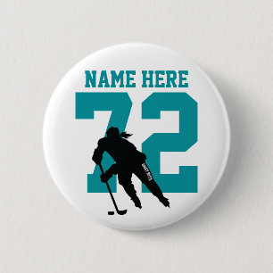 Personalized Girls Hockey Player Name Number Teal 2 Inch Round Button