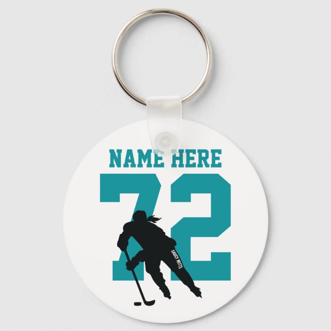 Personalized Girls Hockey Player Name Number Teal Keychain (Front)