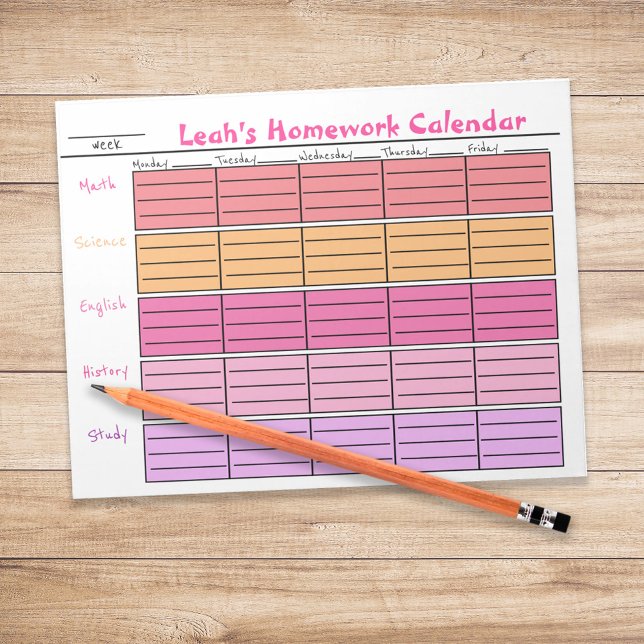 Personalized Girls Homework Weekly Planner  Notepad (Personalized girls homework weekly planner with colorful school layout.)