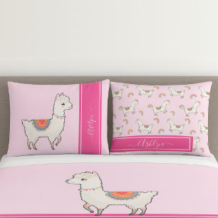 Personalized Girls Hot Pink Cute Rainbow Llama Pillowcase