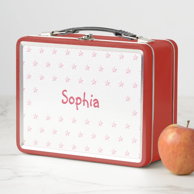 Personalized Girls Kids Name Pink Stars Red School Metal Lunch Box (In Situ)