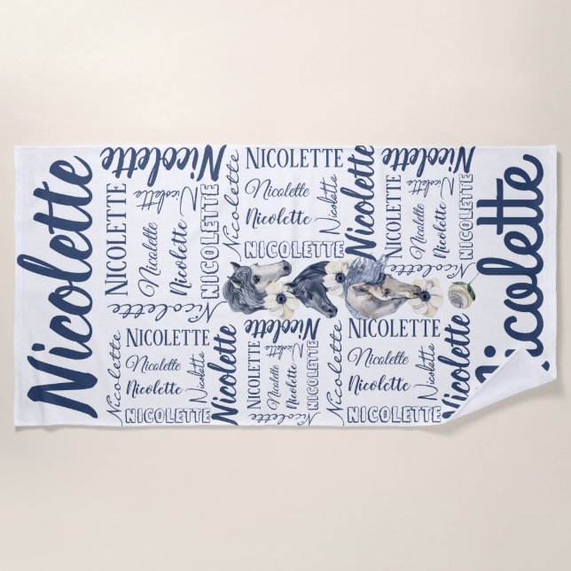 Personalized girls long name with horses  beach towel (Front)