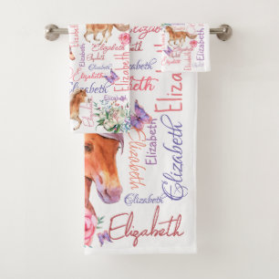 Personalized girls name collage with ponies bath towel set