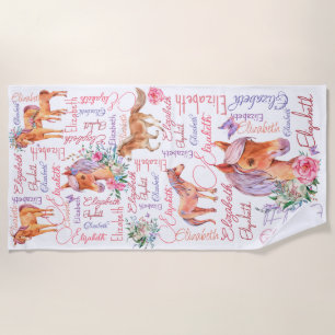 Personalized girls name collage with ponies beach towel