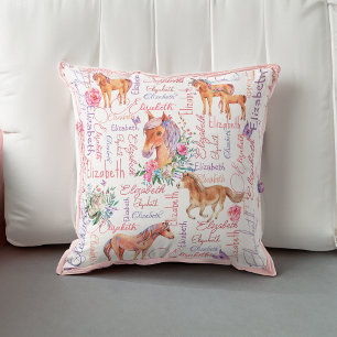 Personalized girls name collage with ponies throw pillow