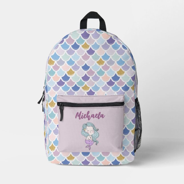 Personalized Girl's Name Mermaid Scales Printed Backpack (Front)