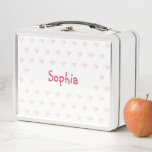 Personalized Girls Name Pink Hearts Kids School Metal Lunch Box<br><div class="desc">Create your own custom, personalized, fun dark pink typography / script / font monogram monogrammed, modern cool chic stylish, girly cute pink hearts pattern design background, adorable, durable food safe tin plate, food contact safe interior material, classic style kids girls boys metal school lunch box with collapsible black plastic handles....</div>