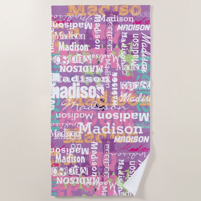 Personalized Girl's Name Pink Purple Beach Towel (Front)