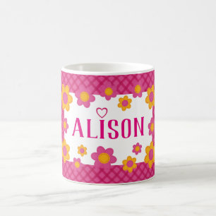 Personalized girls name plaid pink yellow flowers coffee mug