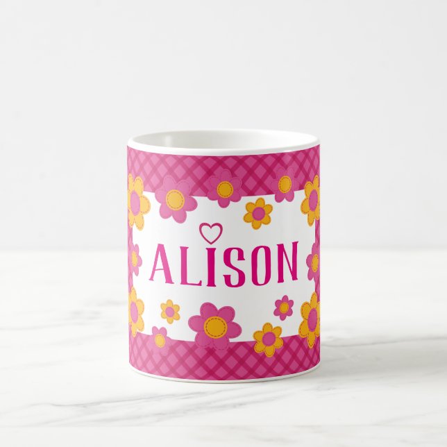 Personalized girls name plaid pink yellow flowers coffee mug (Center)