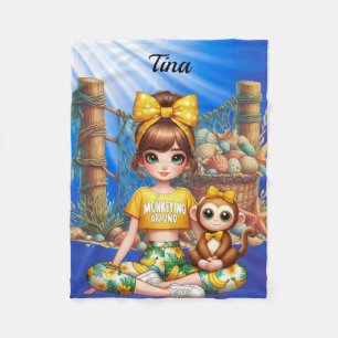 Personalized Girl's name sitting with her monkey Fleece Blanket