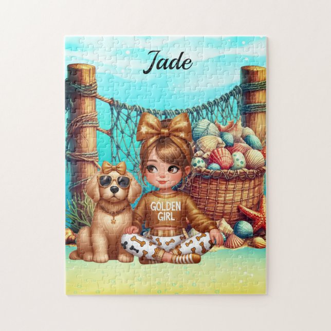 Personalized Girl's name sitting with her puppy Jigsaw Puzzle (Vertical)