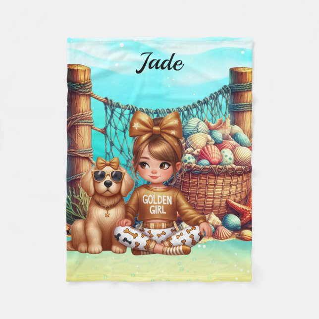 Personalized Girl's name sitting with her shells Fleece Blanket (Front)
