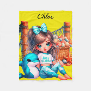 Personalized Girl's name sitting with her shells Fleece Blanket
