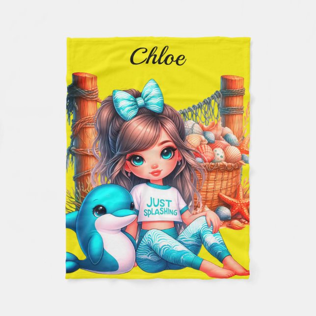 Personalized Girl's name sitting with her shells Fleece Blanket (Front)