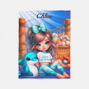 Personalized Girl's name sitting with her shells Fleece Blanket