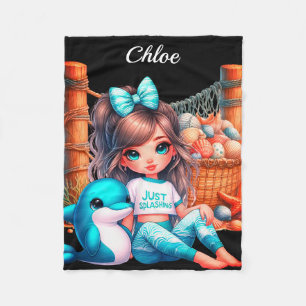 Personalized Girl's name sitting with her shells Fleece Blanket