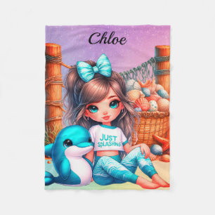 Personalized Girl's name sitting with her shells Fleece Blanket