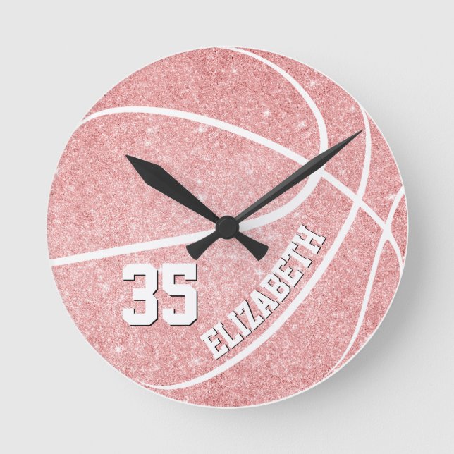personalized girls pink basketball round clock (Front)