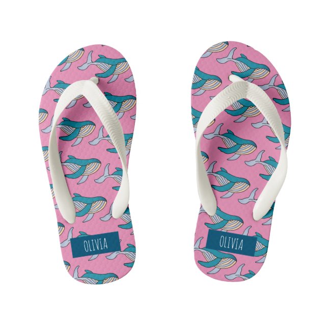 Personalized Girls Pink Blue Whale Ocean Pattern Kid's Flip Flops (Footbed)