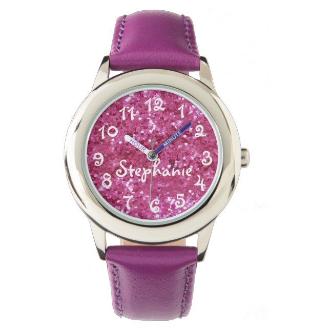 Personalized Girl's Pink Glitter-Look Watch (Front)