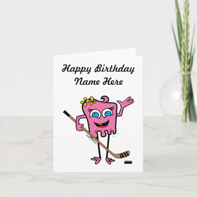 Personalized Girls Pink Hockey Monster Birthday Card (Front)