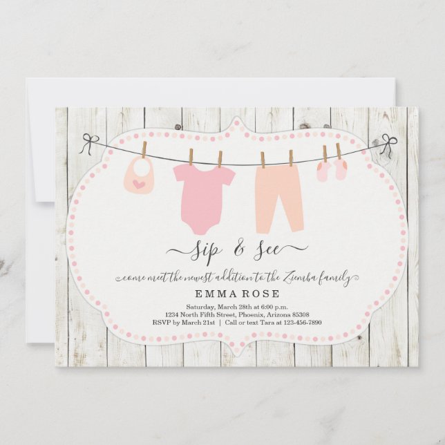 Personalized Girls Sip and See Invitation - Rustic (Front)