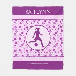 Personalized Girl's Soccer Purple Heart Floral Fleece Blanket