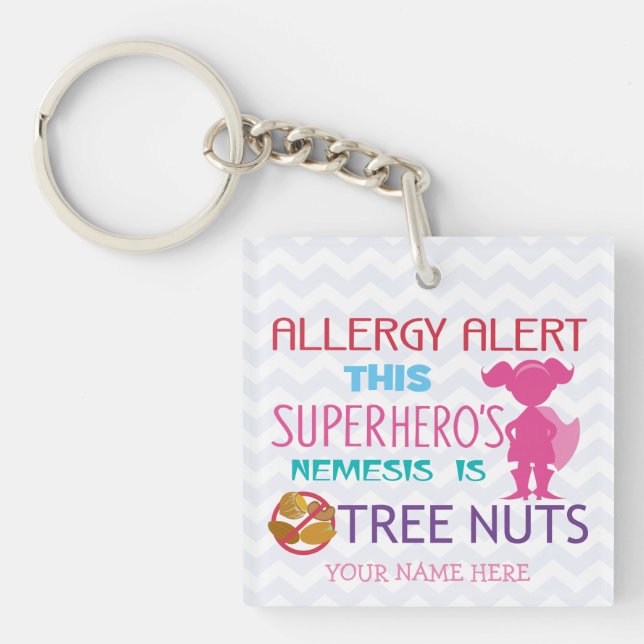 Personalized Girls Superhero Tree Nut Allergy Kids Keychain (Front)