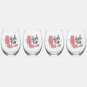 Personalized Girls Trip Disco Mirror Pink Boots Stemless Wine Glass