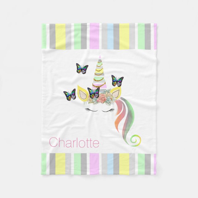 Personalized Girls Unicorn with Pastel Stripes Fleece Blanket (Front)