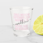Personalized Girls Weekend Friends Trip Custom Shot Glass<br><div class="desc">Personalized Girls Weekend Friends Trip Custom Shot Glass with editable text and wording for your date,  destination or location,  name,  and fun quote like "besties,  buds,  and beverages" in pink and black makes a fun keepsake for your travel squad or bridesmaids.</div>