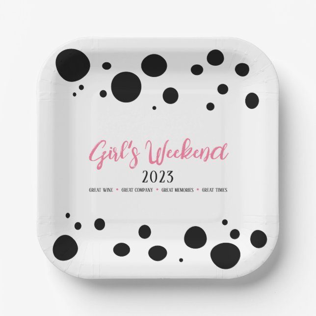Personalized Girl's Weekend Pink Dotted Paper Plate (Front)