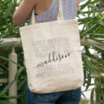 Personalized Girls Weekend Trip Custom Tote Bag<br><div class="desc">Personalized Girls Weekend Trip Custom Tote Bag with editable text and wording for your date,  destination or location,  name,  and fun quote like "besties,  buds,  and beverages" makes a fun and useful keepsake for your travel squad or bridesmaids.</div>