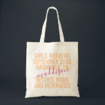 Personalized Girls Weekend Trip Pink Orange Custom Tote Bag<br><div class="desc">Personalized Bright Hot Pink and Orange Girls Weekend Trip Custom Tote Bag with editable text and wording for your date,  destination or location,  name,  and fun quote like "besties,  buds,  and beverages" makes a fun and useful keepsake for your travel squad or bridesmaids.</div>