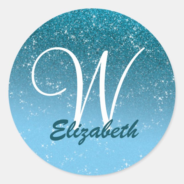 Personalized Girly Blue Glitter Sparkles Monogram Classic Round Sticker (Front)