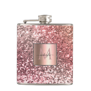 Personalized Girly Blush Pink Glitter Monogram Hip Flask