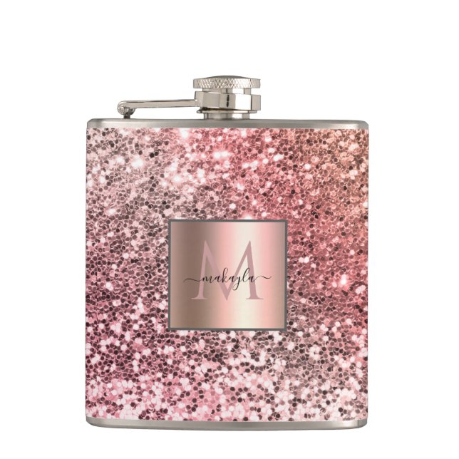 Personalized Girly Blush Pink Glitter Monogram Hip Flask (Front)