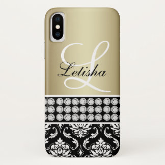 Personalized Girly Bold Gold Black Damask Monogram Case-Mate iPhone Case