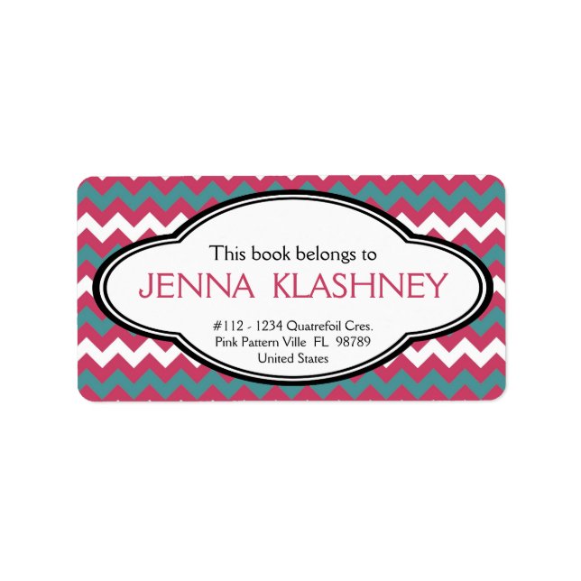 Personalized Girly Chevron Zig Zag Bookplate Label (Front)