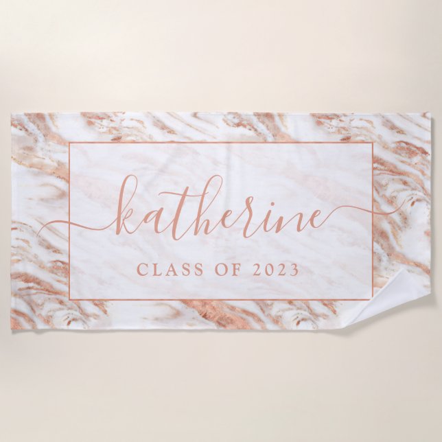 Personalized Girly Chic Copper Marble Rose Gold Beach Towel (Front)