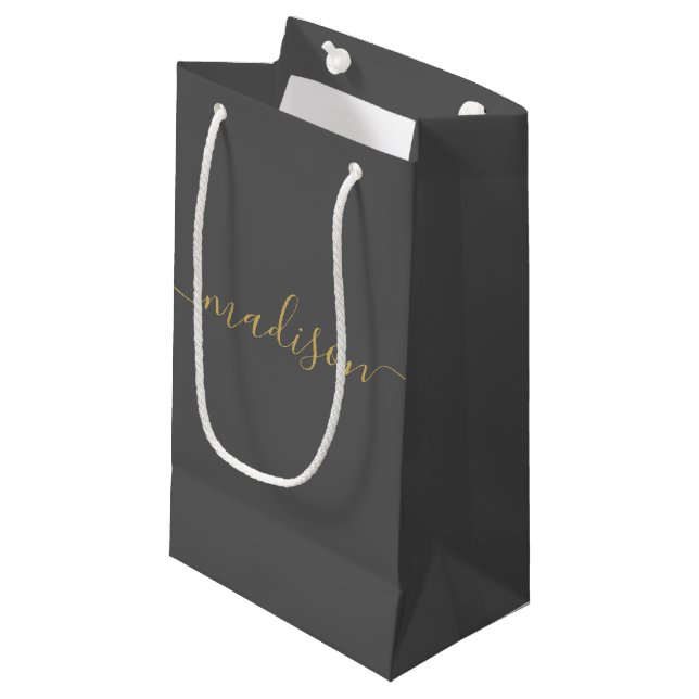 Personalized Girly Chic Feminine Gold Script Grey Small Gift Bag (Front Angled)