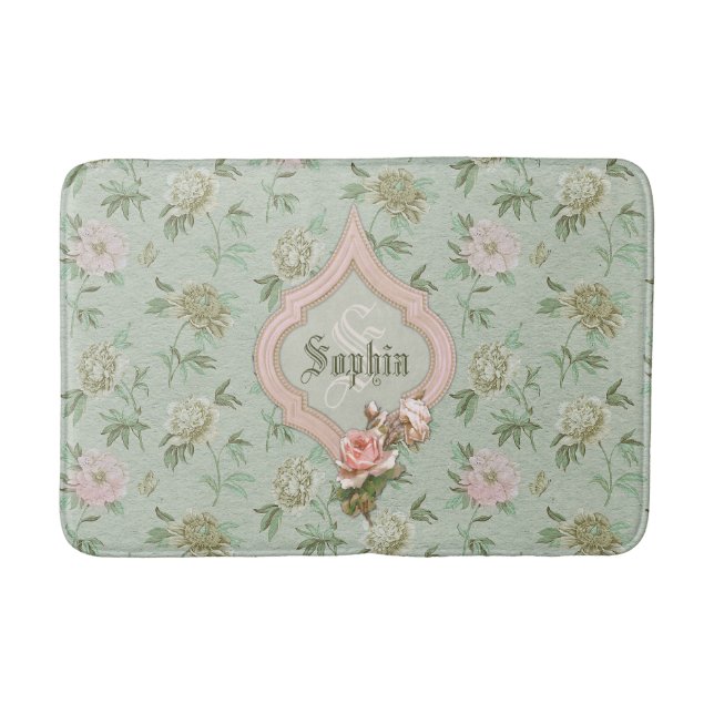 Personalized Girly Chic Green and Pink Floral Bath Mat (Front)